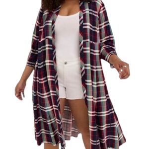 Torrid Maxi Challis Plaid Red & Blue Kimono Duster Open Front Cardigan M…